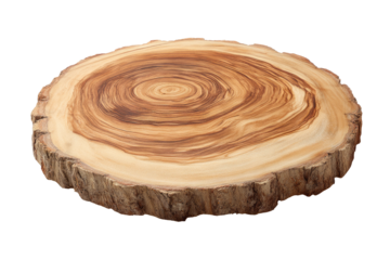 Polished, round wood slice with visible growth rings and rough bark edge, ideal for display or serving
