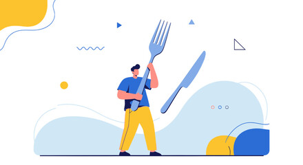 Illustration of a person holding a giant fork and knife, food and dining concept depicted