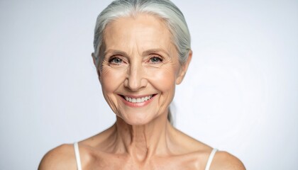 A close-up portrait shows a smiling, older woman with silver hair and a white top, radiating warmth and happiness