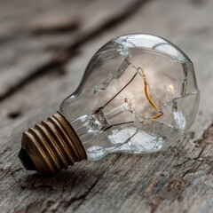 Close up of a broken incandescent light bulb lying on weathered wooden planks with visible filament