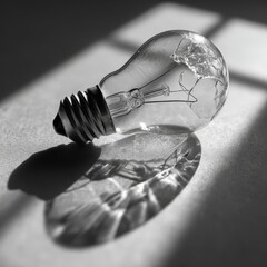 Monochromatic close up of a clear incandescent light bulb casting a dramatic shadow on a textured surface