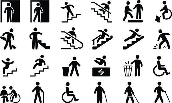 Icon set of people walking stairs accessible design and mobility assistance symbols