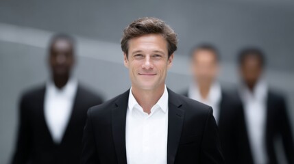 A confident professional man stands in focus while others fade into the background. This image reflects leadership and ambition. Suitable for corporate branding and motivational themes. AI