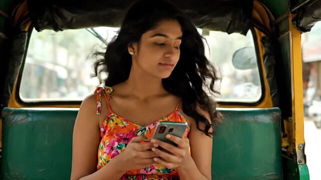 A young woman is looking at her phone while riding in an auto-rickshaw.