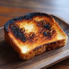 Close up of a single slice of burnt toast with dark charred edges on a wooden plate
