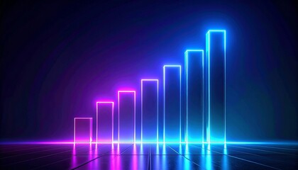 Futuristic business growth bar chart with neon glow