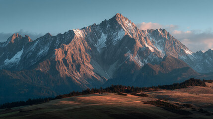 A majestic mountain range with snow capped peaks under a clear blue sky at golden hour light