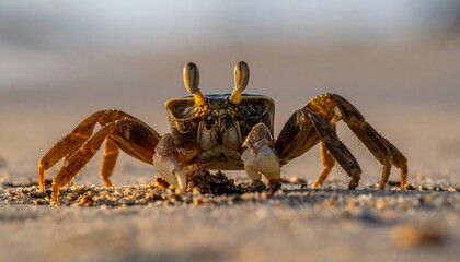 Fototapeta premium A close-up shot of a crab on a sandy beach, lit by warm sunlight, with detailed textures