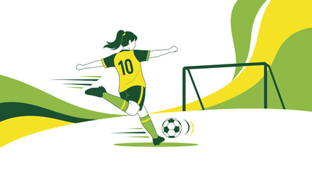 Illustration of a female soccer player kicking the ball towards the goal in a match