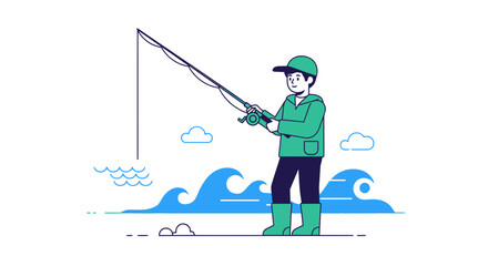Obraz premium Illustration of a fisherman fishing with a rod and reel near the sea minimalist design