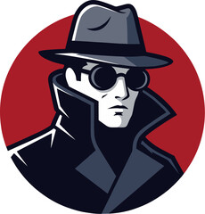 Stylized Noir Detective Silhouette in Fedora and High-Collar Coat on Red Circle – Secret Agent Logo Vector