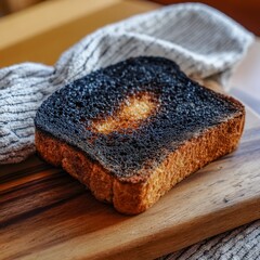 A single slice of burnt toast with a dark charred crust sits on a wooden cutting board with a cloth napkin