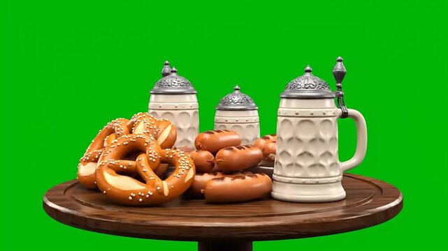 Festive pretzels and traditional beer steins ready for a lively Oktoberfest celebration or German beer garden event.