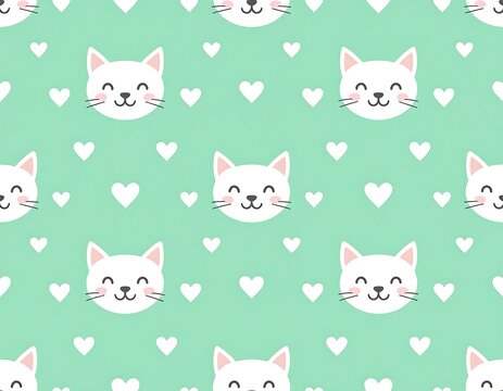 Cute cartoon cat faces on a mint green background with hearts