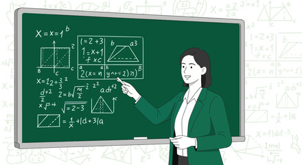 Illustration of a teacher explaining mathematical equations on a chalkboard in a classroom