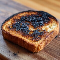 Close up of a single slice of burnt toast with dark charred areas on a wooden cutting board