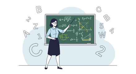 Illustration of a teacher teaching math with equations on a chalkboard