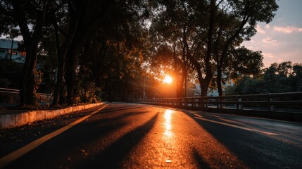 Highway at golden hour with soft sunlight and long shadows