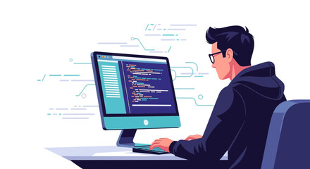 Illustration Of A Male Programmer Working On A Computer Writing Code In A Simple Style