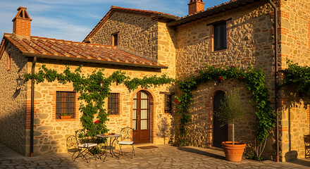 Naklejka premium Tuscan Stone House with Vine-Covered Entrance