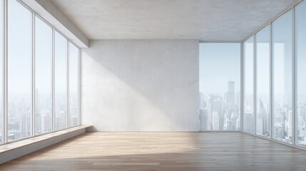 Modern Empty Office Space with City View, Featuring Large Windows and Natural Light