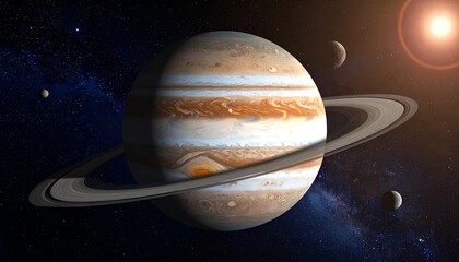 A detailed depiction of a gas giant planet with swirling atmospheric bands, rings, and several moons against a starry backdrop with a sun-like glow