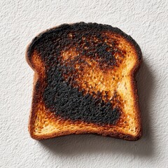 A single slice of burnt toast with dark charred areas against a light textured background