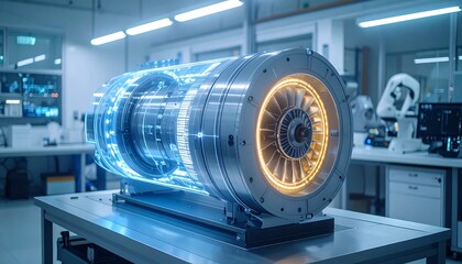 A detailed, digital rendering of a complex metallic machine, displayed on a lab table with other equipment, highlighting its inner workings