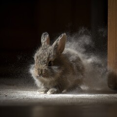 A small fluffy rabbit shaking its head vigorously sending a cloud of dust and particles into the air