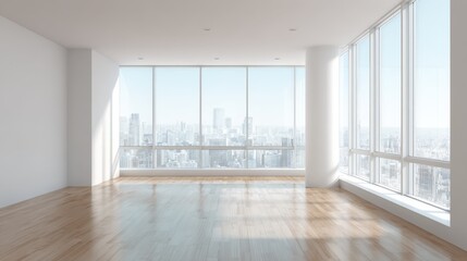 Obraz premium Bright Empty Modern Office Space with City View, Ideal for Real Estate and Interior Design Projects
