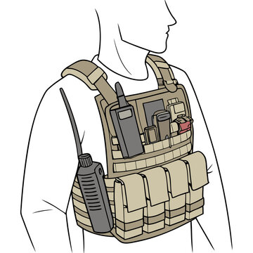 Tan Tactical Vest with Multiple Pouches and Radio