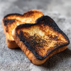 Two slices of burnt toast with dark brown charred edges on a textured gray surface