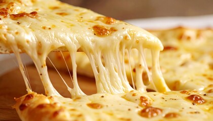 A close-up shot showcasing a slice of pizza with melted, stretchy cheese being lifted from the rest