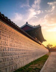 Naklejka premium Ancient Korean wall at sunset