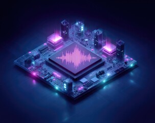 Circuit board with audio chip, illuminated in vibrant neon