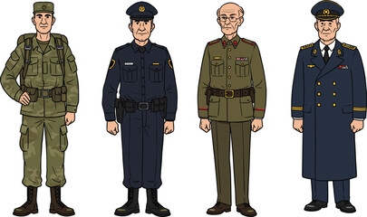 Illustration of four men in different military and police uniforms, showcasing varied ranks and attire on a white background.