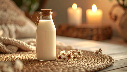 Glass Bottle of Milk with Flowers and Candles