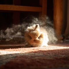 Adorable fluffy rabbit shaking dust off its fur in a sunlit room with dramatic lighting