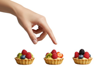 Slender elegant caucasian woman's hand with unpolished nails above three identical artisanal fruit tartlets with fresh berries on a transparent background, concept of culinary elegance