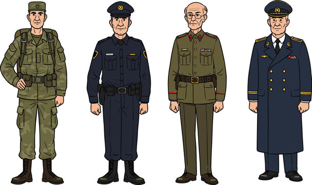 Illustration of four men in different military and police uniforms, showcasing varied ranks and attire on a white background.