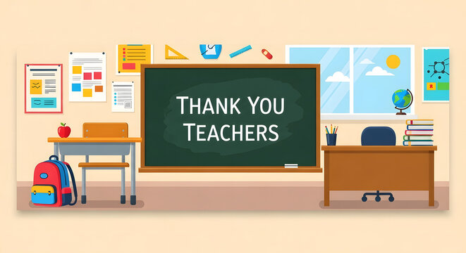 Heartwarming illustration of diverse children expressing their appreciation to a kind teacher with thoughtful gifts, set against a vibrant and picturesque school landscape