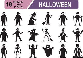 Fototapeta premium Halloween haunted house icon set. Vector silhouettes of pumpkins, bats, ghosts, spiders, candles, and scary elements