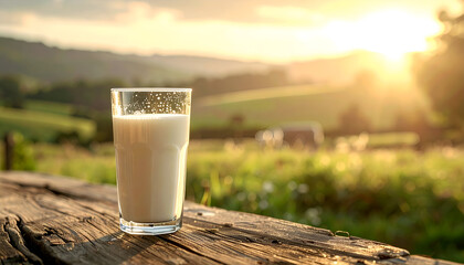 Glass of Milk on Rustic Wood with Sunset Farm Background