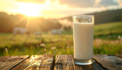 Glass of Milk on Rustic Wooden Table at Sunset