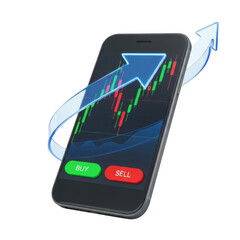 3d mobile phone trading chart with upward arrow isolated on transparent background