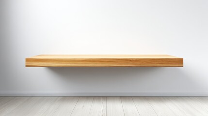 Floating Wooden Shelf on White Wall: Modern Interior Design with Empty Display Space