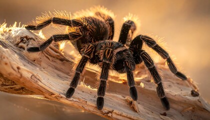 A detailed macro shot of a large, hairy spider resting on weathered wood, bathed in warm sunlight