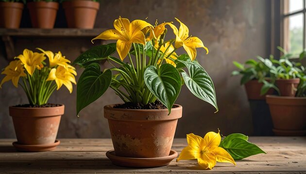 A close-up showcases vibrant yellow flowers in terracotta pots on a wooden surface, with additional greenery in the background - Powered by Adobe