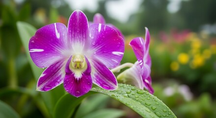 Stunning Magenta and White Orchid Flower in a Garden.