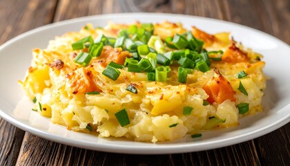A close-up shows a baked potato casserole topped with fresh, green chopped herbs on a white plate against a dark wood backdrop
